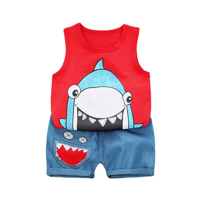 

Cotton Summer Casual Children Cartoon Print Cute SMLXL Sleeveless Garment And Pant Kit Kids Two-piece Outfit Set