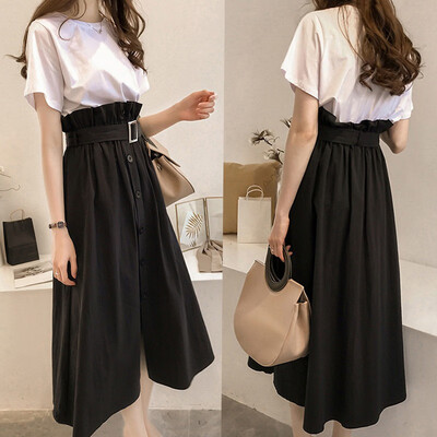 

Plus Size Summer Womens Set Fashion Plaid Sashes Skirt Casual TShirt High Waist Slim Skirt Women Crop Top