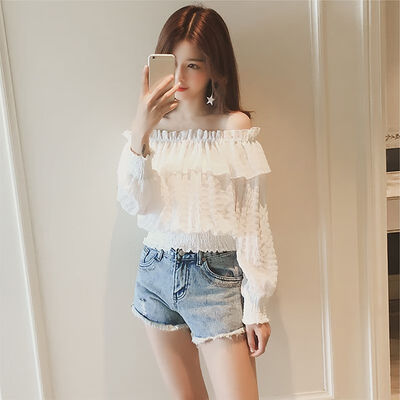 

Women Sexy One Word Collar Chiffon Tops Slim Solid Color Ruffled Long Sleeve Female Ladies T-shirt Elastic Waist Tops