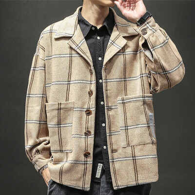 

Toponeto Mens New Winter Style Retro Checked Blouse Large Checked Sweater Coat Blouse