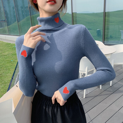 

Women Autumn Winter Simple Sweater Pullover Cute Embroidery Casual Slim High Collar Long Sleeve Sweet Sweaters HX01