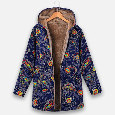 

Toponeto Plus Size Women Vintage Zipper Ethnic Print Hooded Fleece Long Sleeve Coat