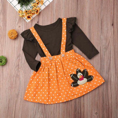 

AU Toddler Baby Girl Thanksgiving Clothes Ruffle TopsStrap Turkey Dot Skirt Set