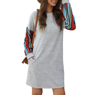 

Women Autumn Fashion Casual All-match Colorful Stripes Stitching Round Collor Long Sleeves Loose Dress