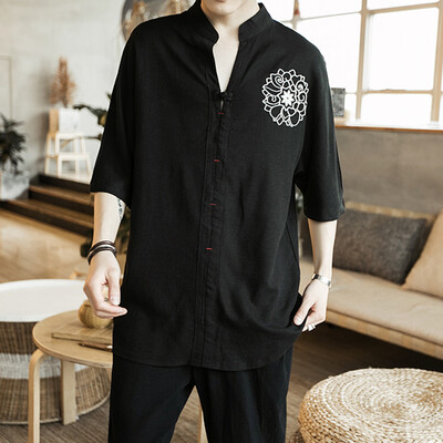 

Toponeto Mens Summer Vintage Printing Linen Patchwork Half Sleeve T-shirt Comfort Tops
