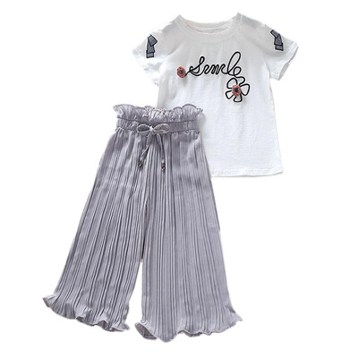 

Summer Baby Girls clothes 2pcs Casual Short Sleeve Letters Floral Print T-shirt TopsLoose Pants Suits Costume Set