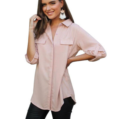 

Solid Pocket Casual Shirt Women Long Sleeve Summer Autumn Button Up Stand Collar Loose Tops Office Ladies Blouse