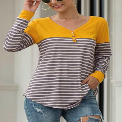 

Stripe V-neck Long Sleeves Buttons Decoration Tee