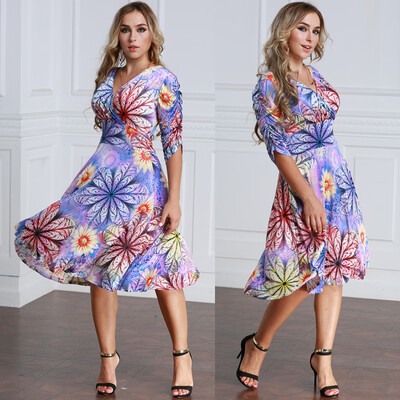 

Women Plus Size Dress Colorful Floral Print V Neck Half Sleeve Midi Slim Elegant One-Piece Purple