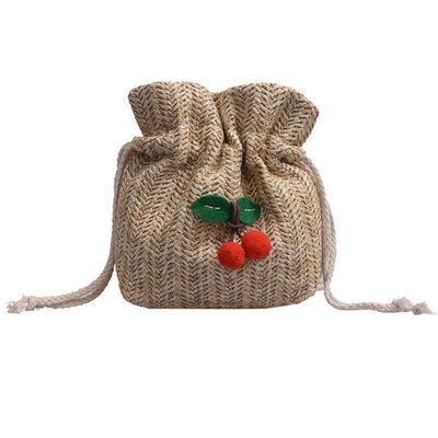 

Fashion Women Cherry Decor Drawstring Rattan Woven Beach Crossbody Bucket Bag