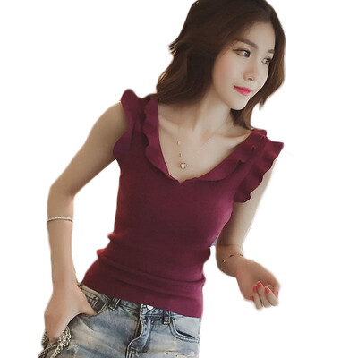 

Sexy V Neck Women Blouse Ruffles Sleeveless Striped Solid Blouses Slim Top Sweet Summer Blusa Feminina Wine Red White Black