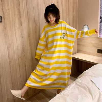 

Women Sexy Pajamas Cotton Round Neck Long Sleeve Nightdress Lingerie Stripes Print Home Clothing