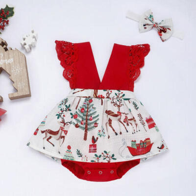 

AU My First Christmas Infant Baby Girl Clothes Lace Romper DressHeadband Outfit