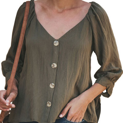 

White Blouse Women Autumn Casual Concise All-match Blouse Solid Color Loose Long Sleeve V-neck Button-down Shirts