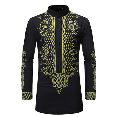 

Men Ethnic Style Printed Stand Collar Shirt Blouse Long Sleeve Button Down Tops