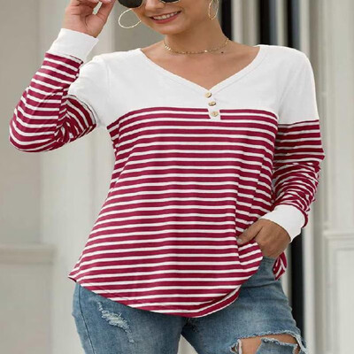 

Stripe V-neck Long Sleeves Buttons Decoration Tee