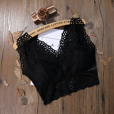 

Fashion New Ladies Sexy Lace Deep V-Neck Solid Color Flowers Hollow Lace Hem Vest Detachable Chest Pad Camis Tops Women