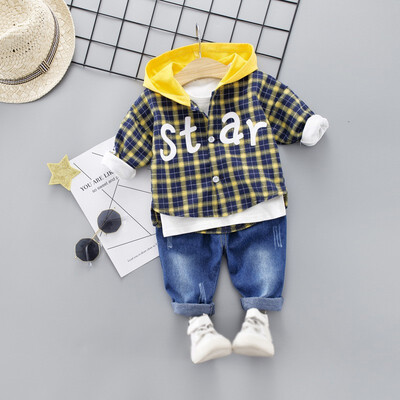 

2PcsSet Autumn Children Baby Boys Casual Long Sleeve Plaid Hoodie Sweatshirt TopsDenim Pants Costume Set
