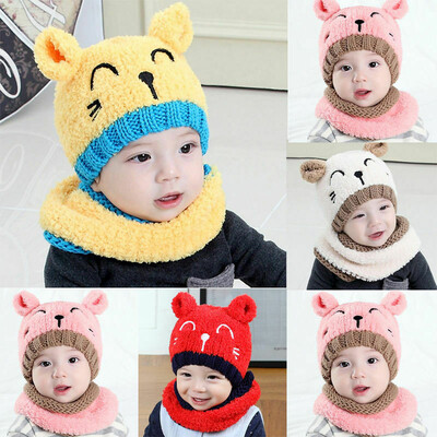 

Cute Baby Toddler Winter Beanie Warm Hat Hooded Scarf Earflap Knitted Cap Kids