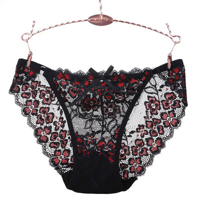 

Sexy Ladies Panties Mesh Perspective Lace Embroidery Bow Low Waist Solid Color Hip Briefs Underwear Women ropa interior femenina