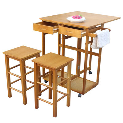 

Kitchen Movable Wheeled Folding Cart Multifunctional Drawers Wood Rolling Storage Rack Dining Room Shelf