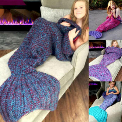

US Kids Mermaid Tail Super Sofa Blanket Warm Hand Crocheted Knitted Quilt Rug