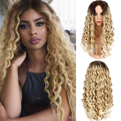 

Tailored Black Gold Long Curly Hair Wig Synthetic Water Wave Curly Long Hair Wigs Fashion
