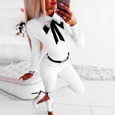 

Fashion Women Autumn Solid Color Blouse Embroidery Bow Tie Turn-Down Collar Long Sleeve Keyhole Button Top