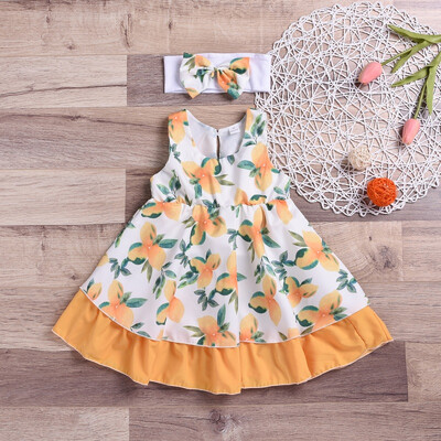

Summer Kids Girls Dress Sets Kids Lemon Pattern Dresses Casual Sleeveless Tutu Sundress With Headband