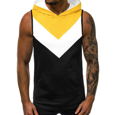 

European Summer Fitness Vest Men Sleeveless Splicing Color Hooded Tops