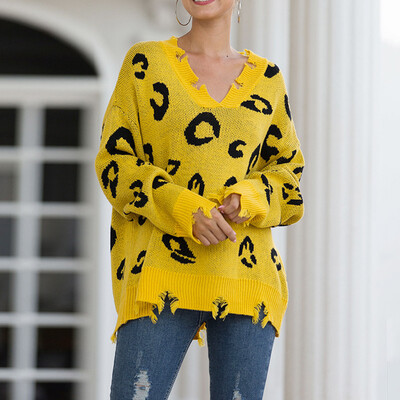 

Tailored Women Sweater Long Sleeve V-Neck leopard Print Tree knitting Sweater Tops