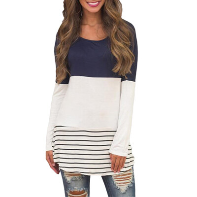 

Plus Size Color Block Striped Lace Patchwork Long Sleeve T-Shirt Women Tunic Top