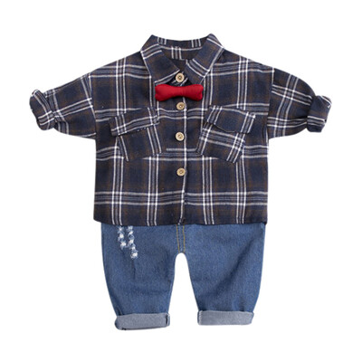 

Autumn Winter Baby Boy Clothes Kids Clothes Plaid BowTie Gentleman Style Shirt&Jeans Children 2pcClothes Sets
