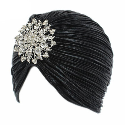 

Muslim Stretch Ruffle Turban Head Scarf Crystal Flower Pendant Bandana Hijab Chemo Cap