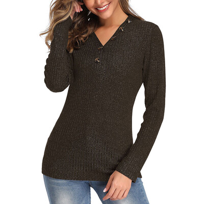

Hot Sale Women Fashion Casual All-match Autumn And Winter Sweater V-neck Button Long-sleeved Slim Solid Color Sweater