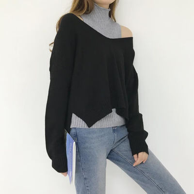

2019 Autumn Sweater Two-Piece Turtleneck Knit Long Sleeve Loose Jumper Hollow Sexy Oblique Shoulder Pullover Sweater Women