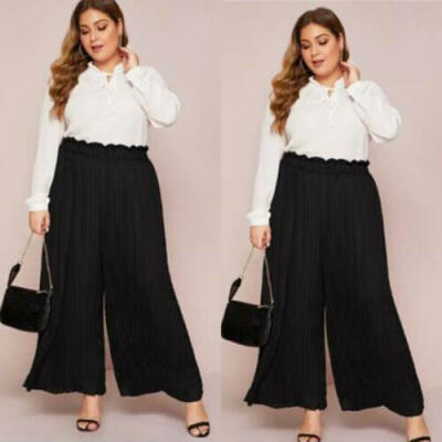 

Women Ladies Casual Wide Leg Pants Pleated Palazzo High Waist Trousers Plus Size