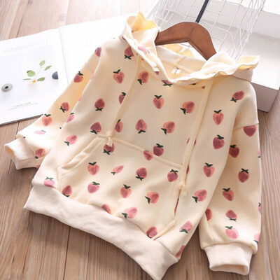 

1-7T Children Clothes Autumn Plus Velvet Baby Girls Strawberry Print Sweater Long Sleeves Casual Hat Collar Sweet Tops