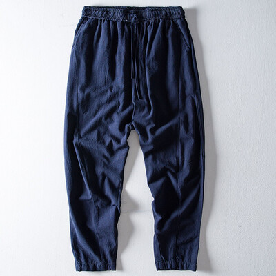 

Gobestart Fashion Men Casual Ethnic Style Solid Cotton Linen Long Pants Casual Trousers