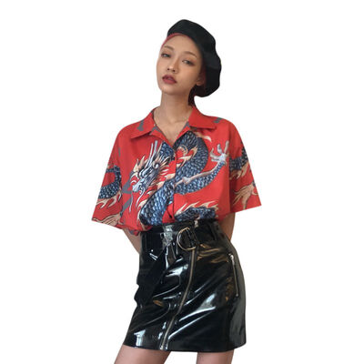 

Short Sleeve Dragon Print Shirts Female Streetwear Summer Women Harajuku Blouse Femme Tops&Blouses