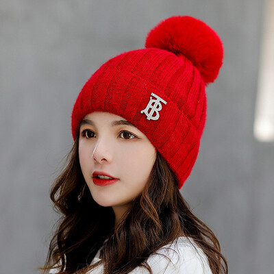 

Hat women fallwinter Korean version of wool ball wool lettering thickened thermal head cap solid color outdoor knit cap wholesale