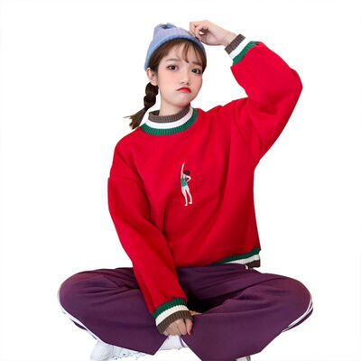 

Hoody Women Winter New Embroidered O-Neck Lantern Sleeve Cartoon Pattern Pullover Plus Size Fashion Sweet Womens Sweatshirtw