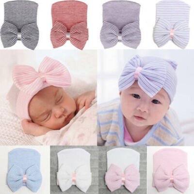 

US Newborn Baby Girl Toddler Stripe Hospital Cap Infant Comfy Bowknot Beanie Hat