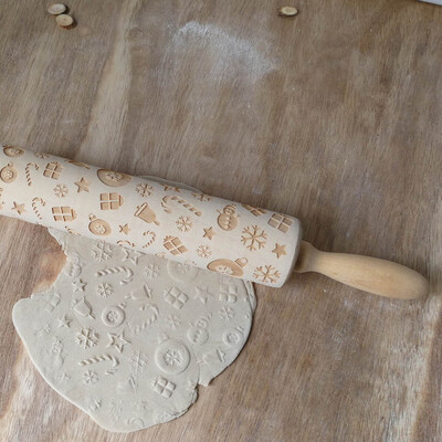 

Christmas Pattern Wooden Rolling Pin Carved Wood Embossing Kitchen Tool