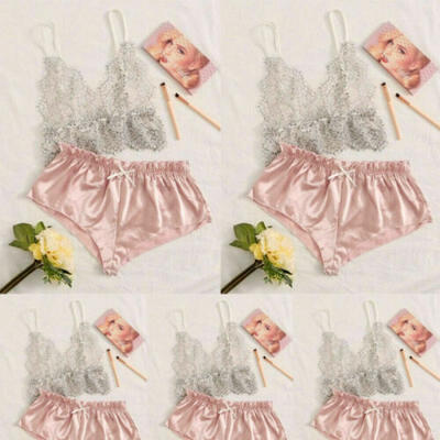 

2pcs Women Sexy Satin Lace Sleepwear Babydoll Lingerie Nightdress Pajamas Set US