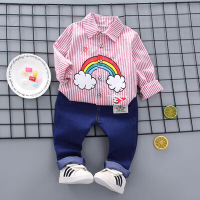 

2019 Autumn Baby Boy Long Sleeve Rainbow Striped Pattern Soft Cotton Shirt TopsLong Trousers Toddler Outfits