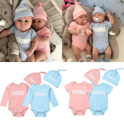 

US Newborn Baby Boy Girl Twin Cotton Romper Jumpsuit Bodysuit Hat Outfit Clothes