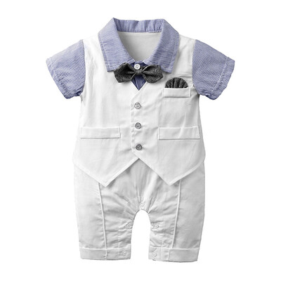 

Infant Baby Boy Clothes Gentle Short Sleeve Rompers Kids Fake 2 Piece Jumpsuit With Bowknot Newborn Clothes