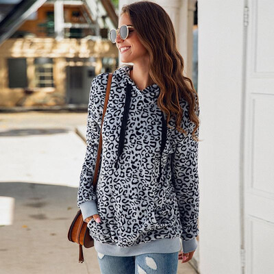 

Women Leopard Hoodies Hooded Sweatshirt Fleeces Drawstring Loose Warm Autumn Winter Pullovers Casual Tops Outwear