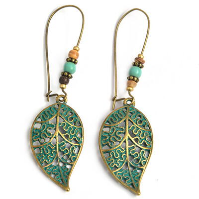 

Vintage Hollow Leaf Beaded Earrings Long Dangle Drop Fashion Women Jewelry Gift